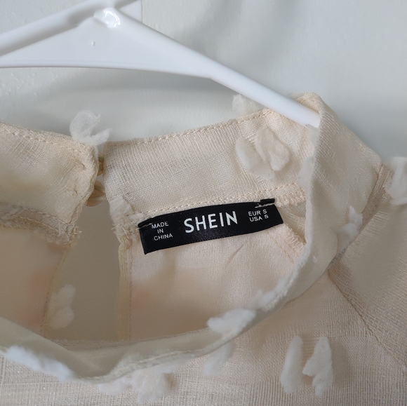 SHEIN cream tufted sheer top with cream lining, gathered sleeve cuffs, mock neck - Picture 6 of 15
